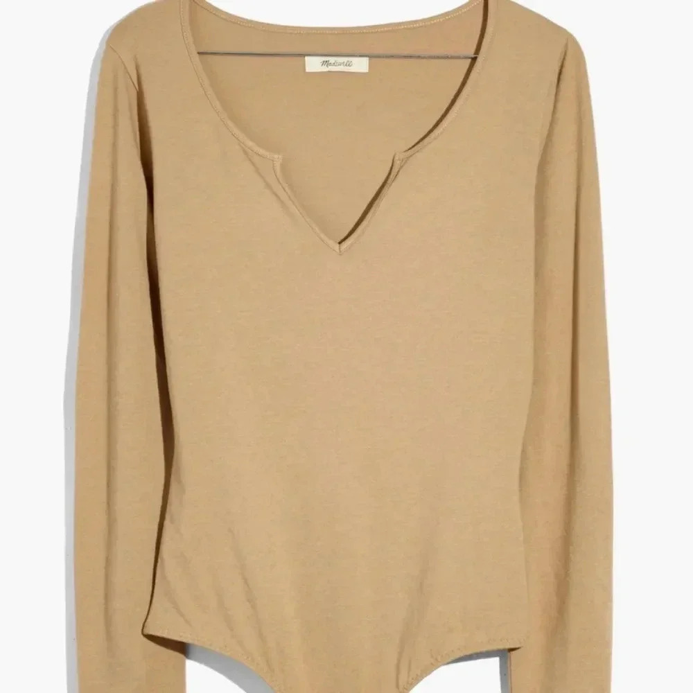 Madewell-Pointelle Split Neck Long Sleeve Thong Bodysuit-SZ M- COLOR Seed Khaki
